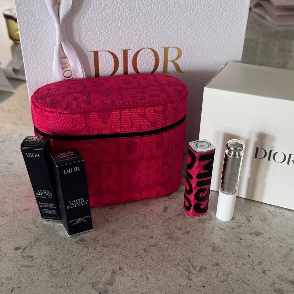 Dior Addict Lipstick with Miss Dior refill cap, new canvas beauty pouch
